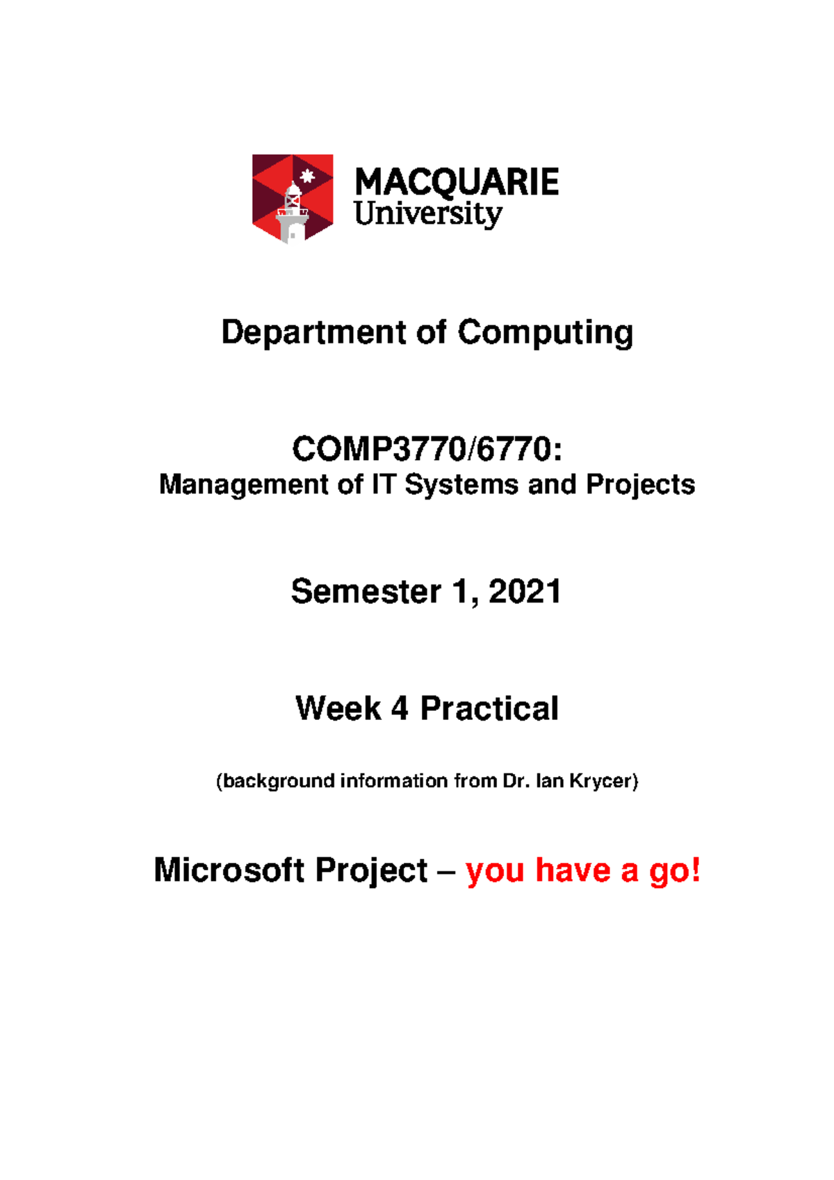 Week 4 - week 4 - Department of Computing COMP3770/6770: Management of ...