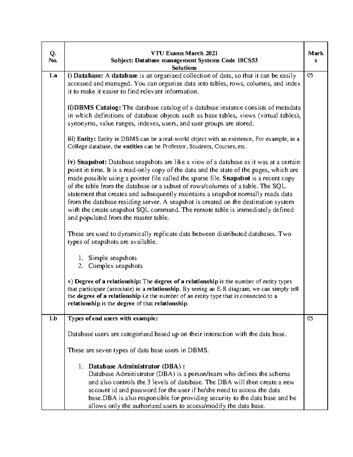 VTU exam Question Paper with Solution of 18CS53 Database Management