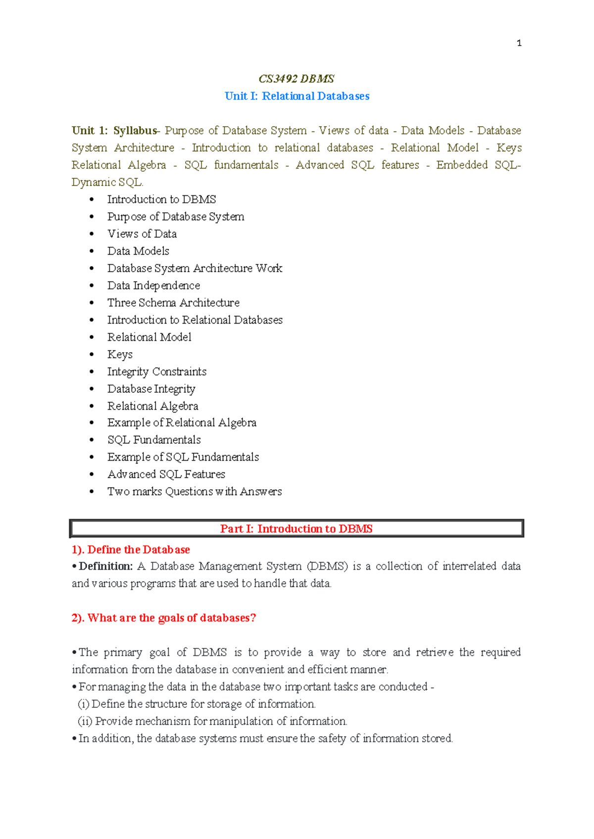 CS3492 DBMS UNIT 1 Notes - CS3492 DBMS Unit I: Relational Databases ...