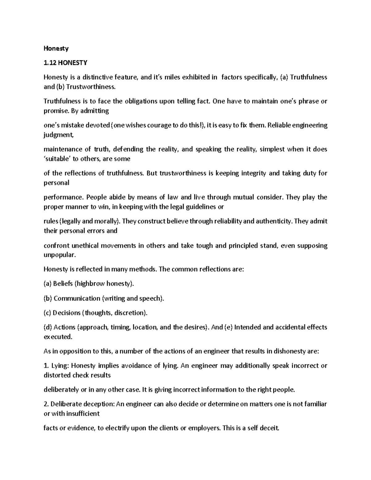 Professional Ethics Module 1 PART 8 - Honesty 1 HONESTY Honesty is a ...