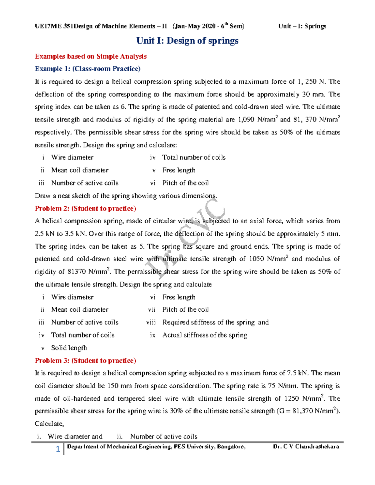 00 DME II Unit I Springs Numerical 10 01 2020 Student copy - Unit I ...