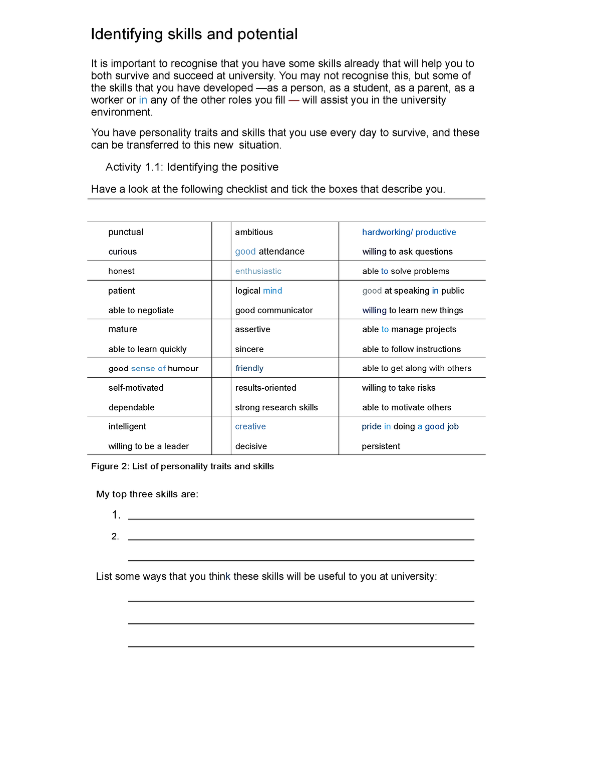 Week 1 Activity 1 2 Skills and Potential Checklist Activity ...