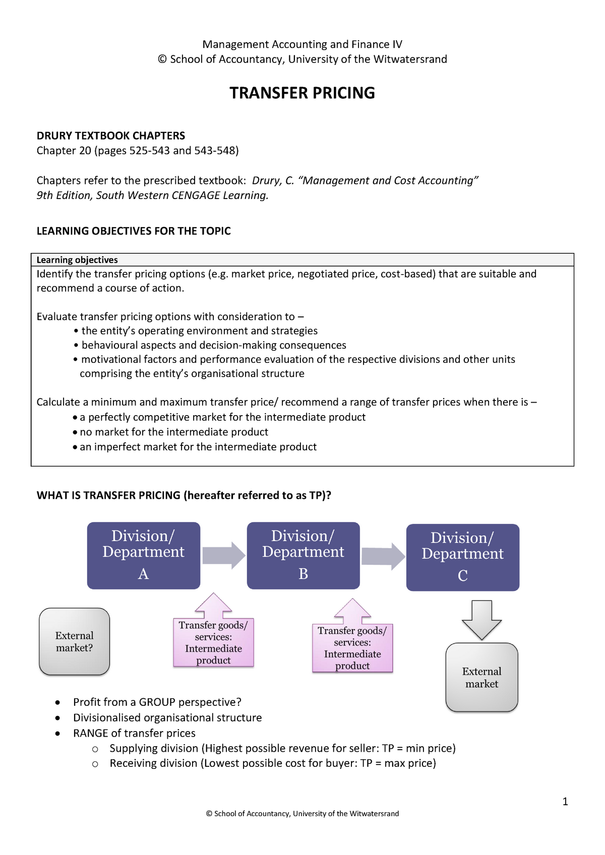 B. Transfer Pricing Notes - ACCN 3007 - Wits University - StuDocu