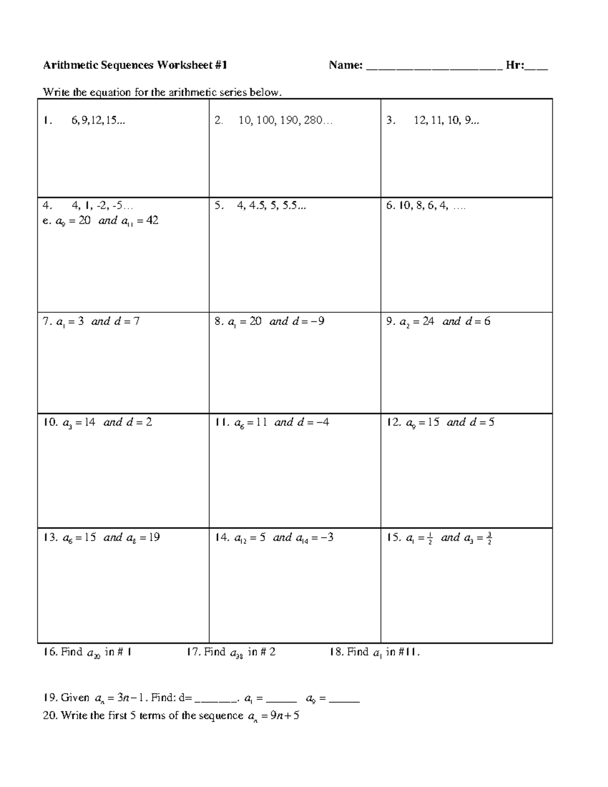 10-1 Arithmetic Series - Arithmetic Sequences Worksheet #1 Name ...