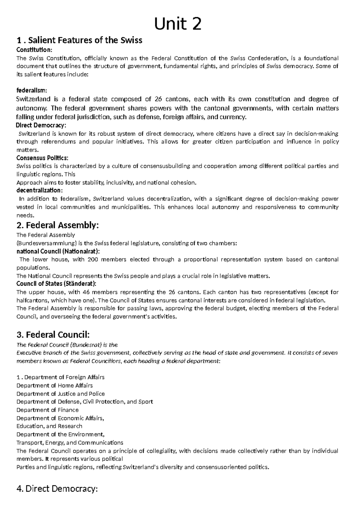 Part 1Unit 3 - Summary Political science - Unit 2 1. Salient Features ...