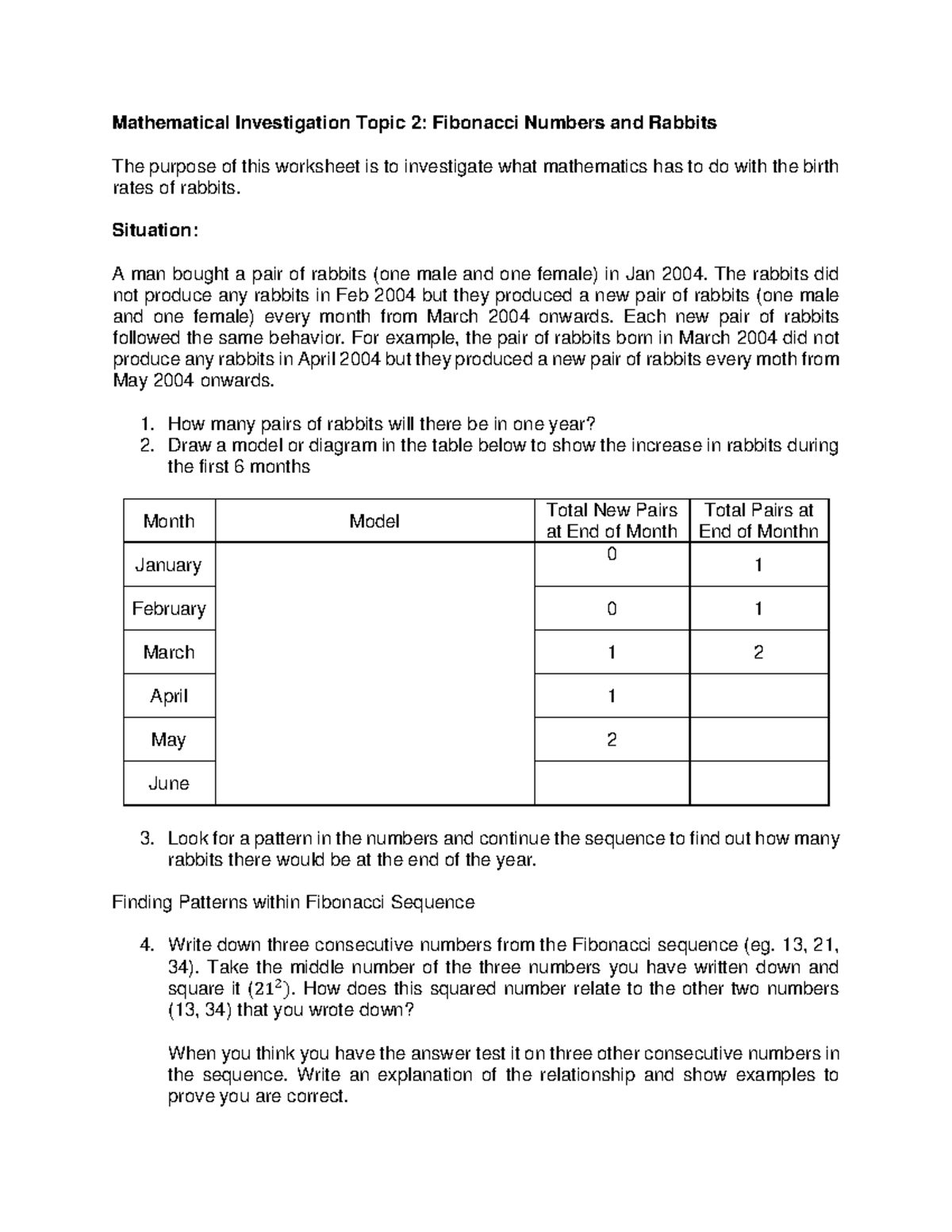 Mathematical Investigation Topic 2 Fibonacci Numbers and Rabbits ... image.