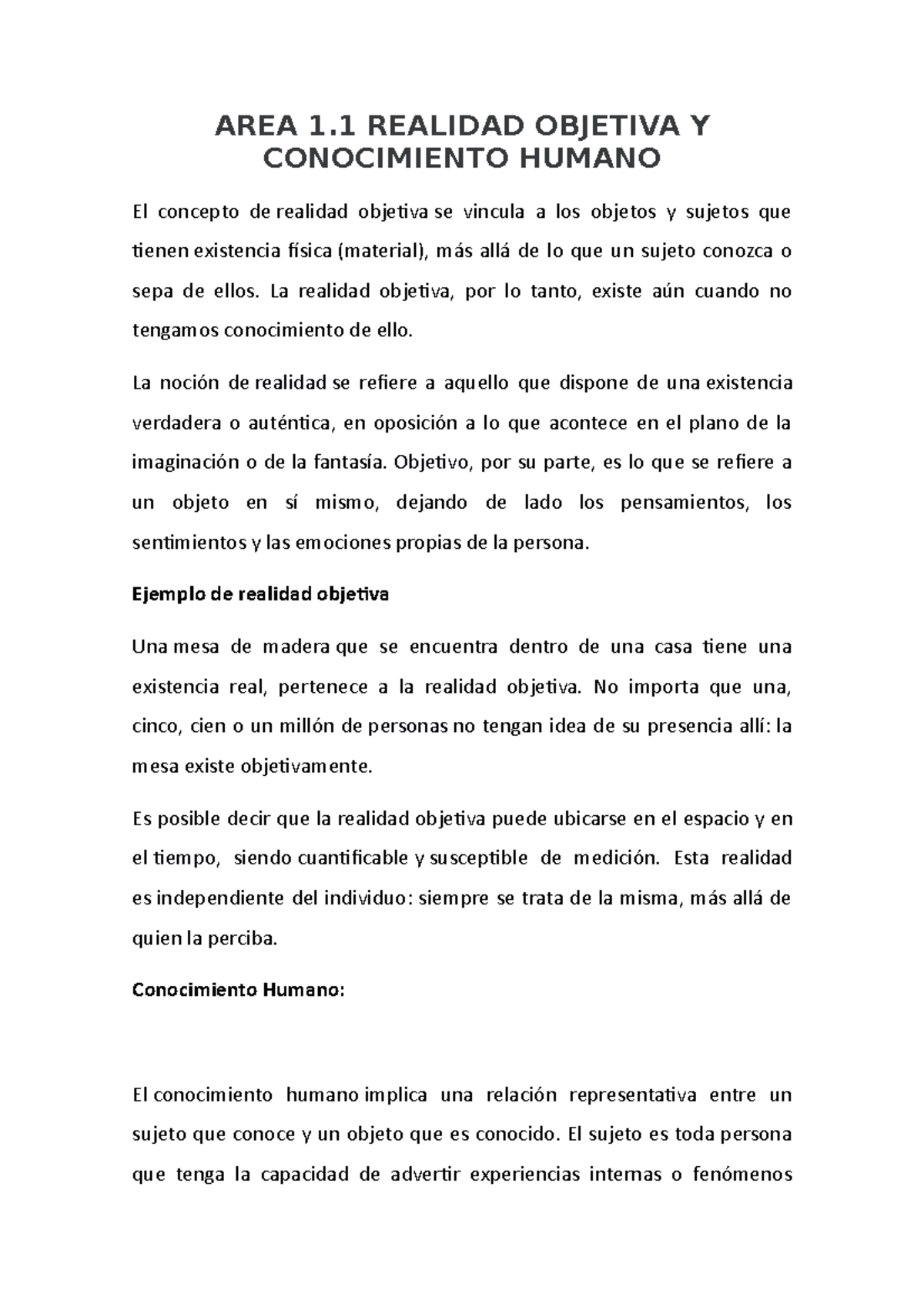 AREA 1.1 Realidad Objetiva Y Conocimiento Humano - AREA 1 REALIDAD ...