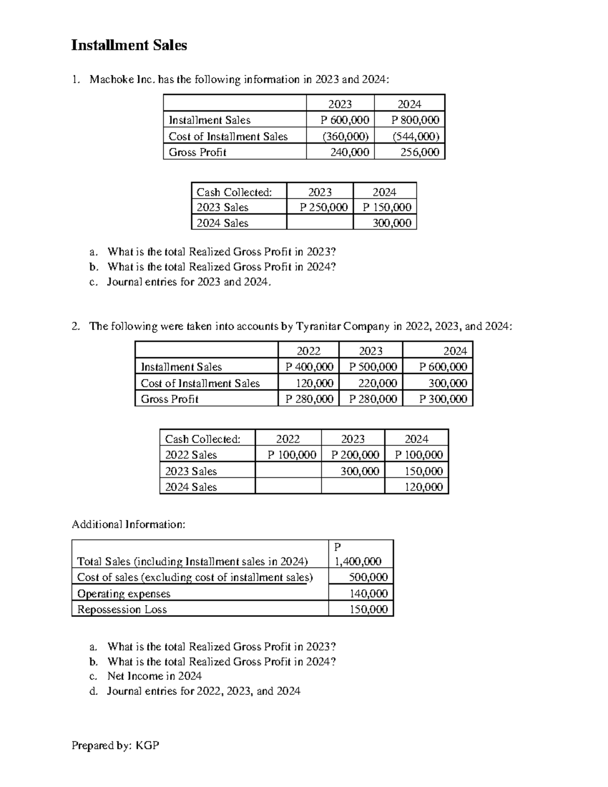 Installment Sales - Answers practice - Installment Sales Prepared by ...