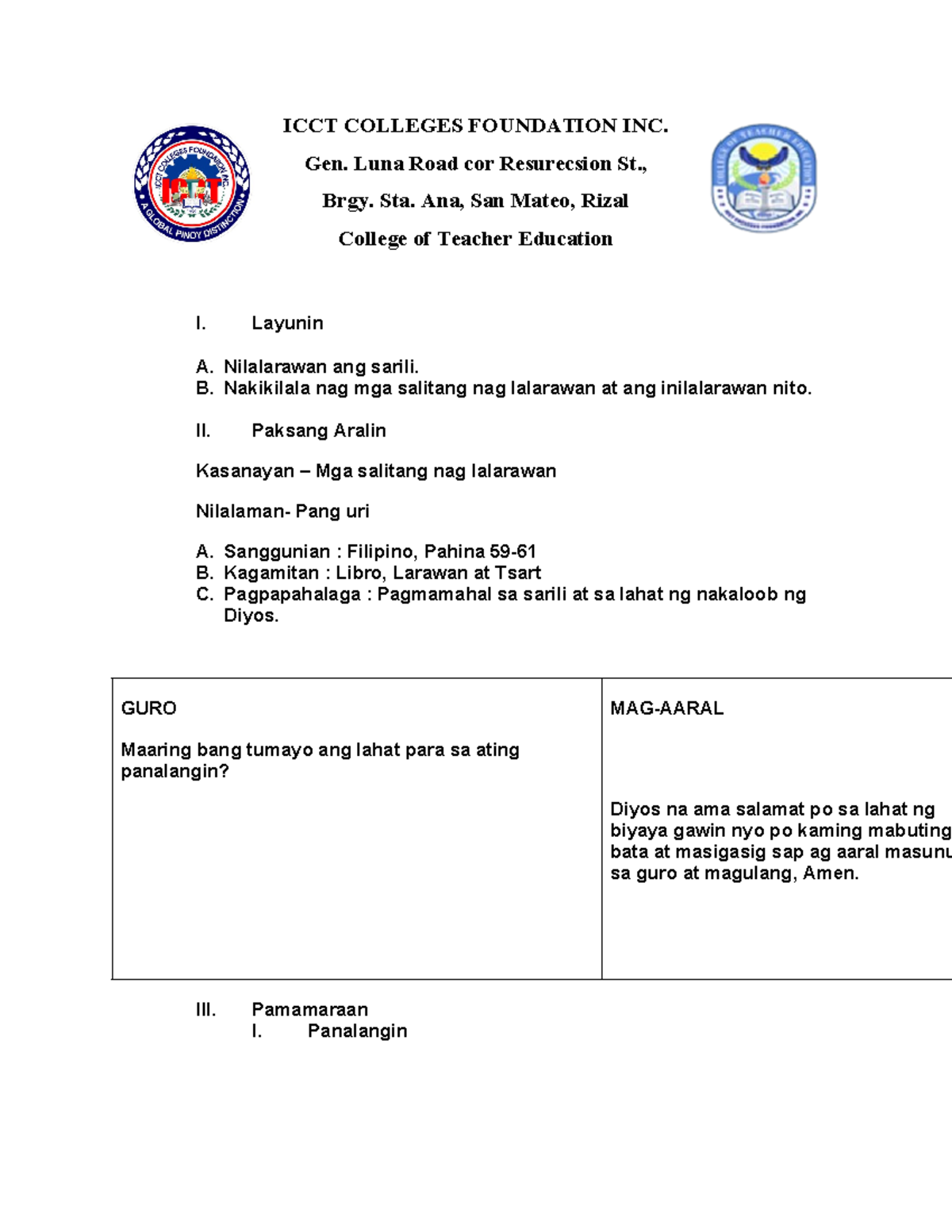 Lesson Plan - ICCT COLLEGES FOUNDATION INC. Gen. Luna Road cor ...