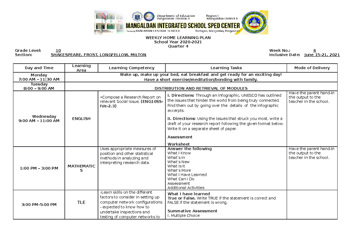 Quarter 4 WHLP Week 6 GRade 10 - WEEKLY HOME LEARNING PLAN School Year ...