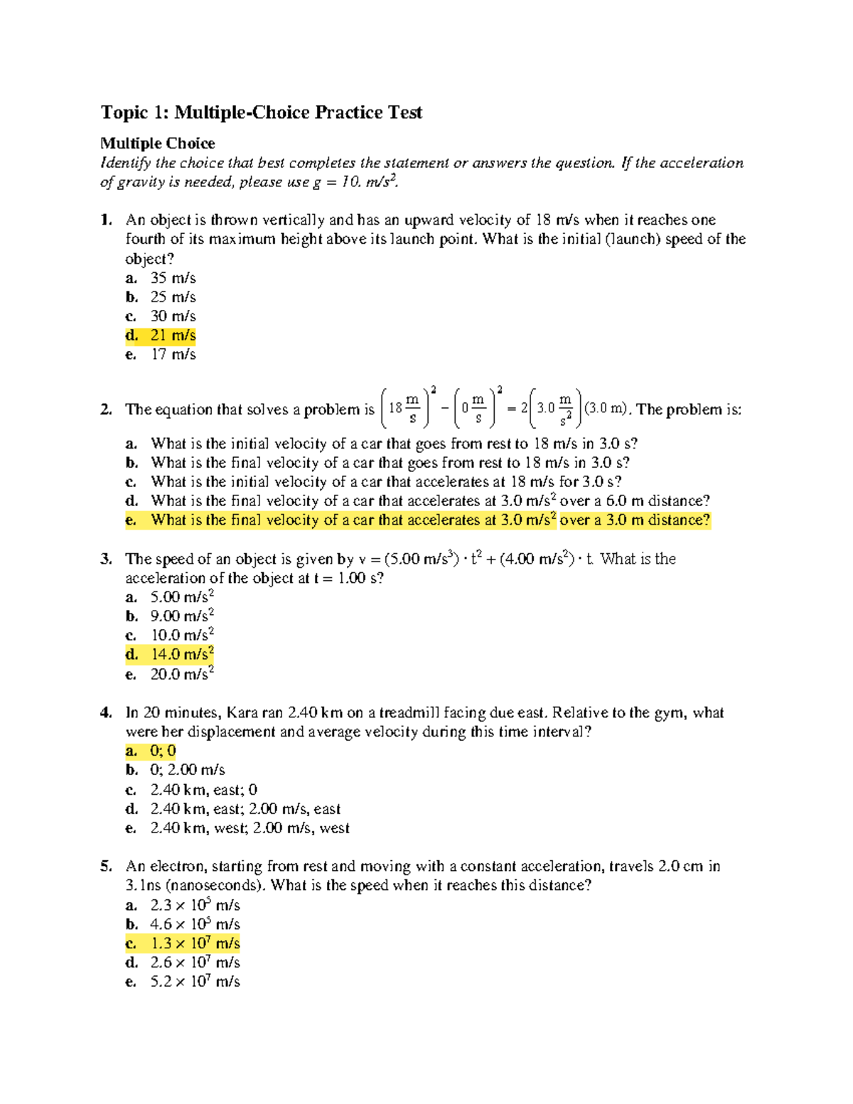 PHY121Topic 1 Multiple-Choice Practice Test SV - Topic 1: Multiple ...