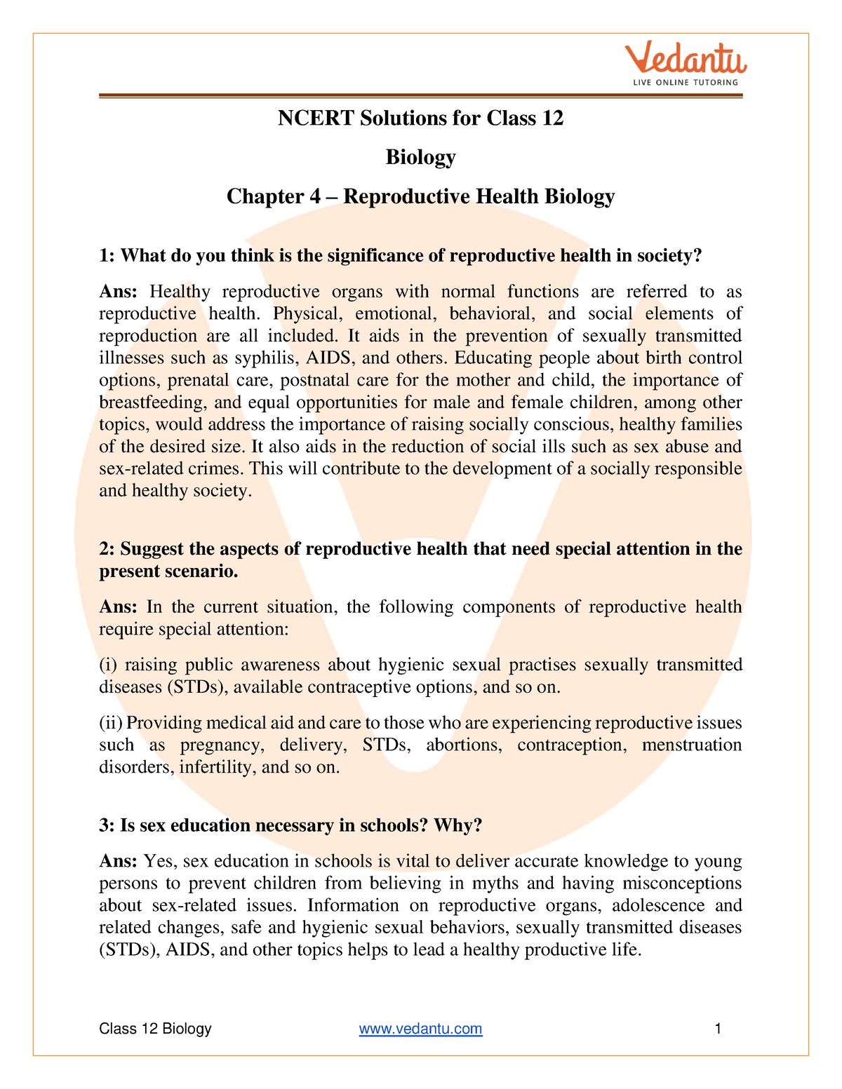 Class 12 Biology Reproductive Health Ncert Solutions For Class 12 Biology Chapter 4