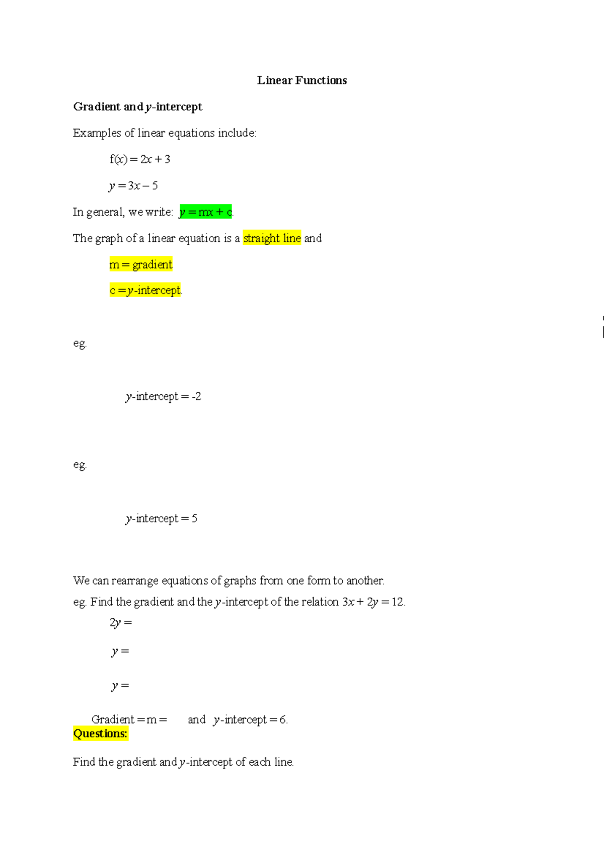 Linear Functions Lecture - Linear Functions Gradient and y -intercept ...