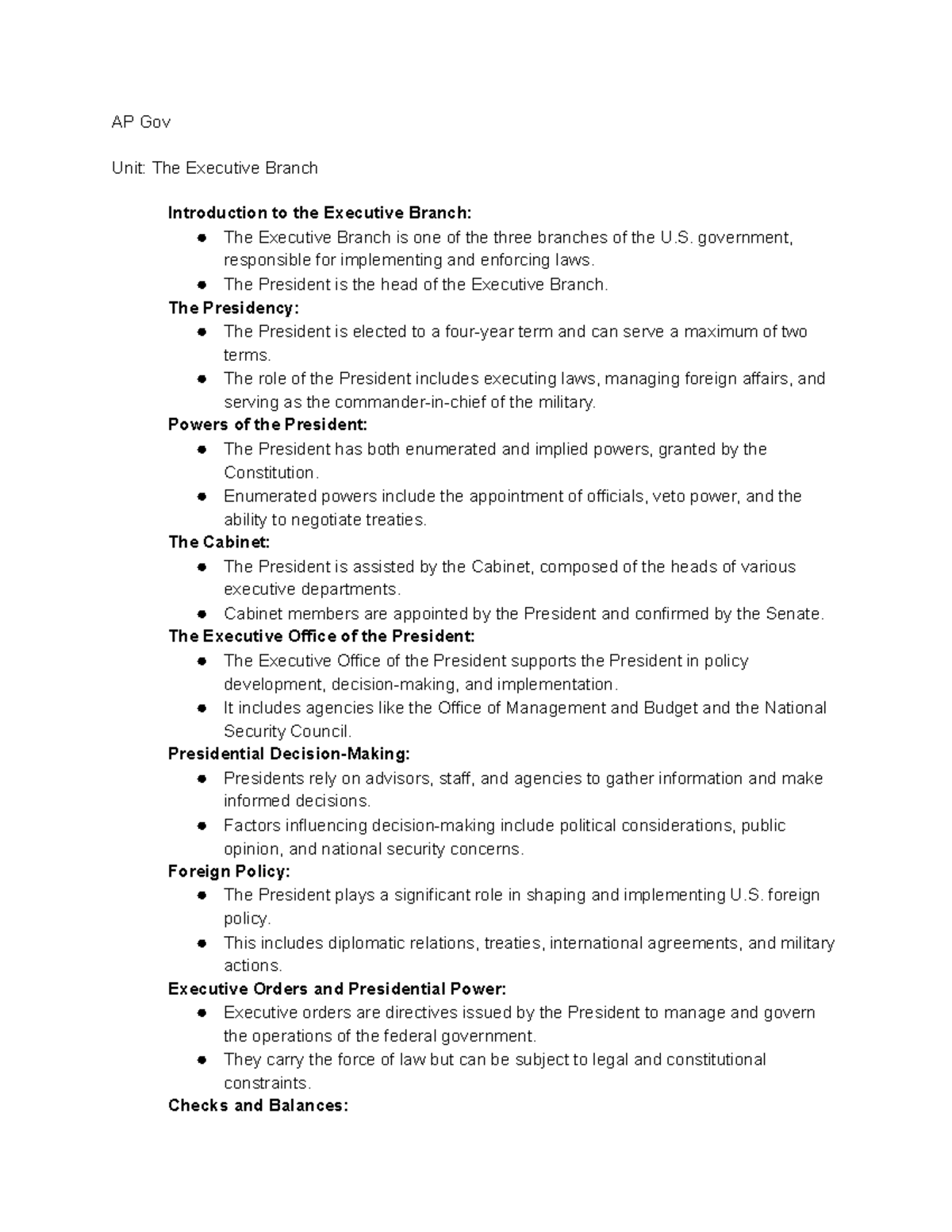 AP Gov The Executive Branch AP Gov Unit The Executive Branch