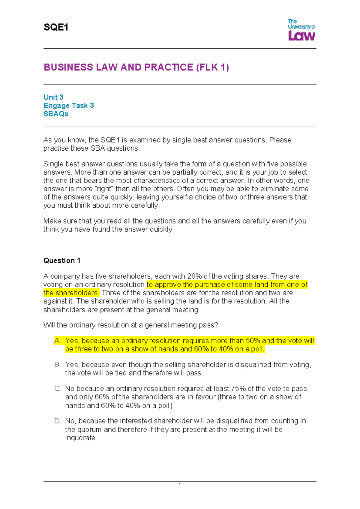 sqe engage task 3 - BUSINESS LAW AND PRACTICE (FLK 1) Unit 3 Engage ...