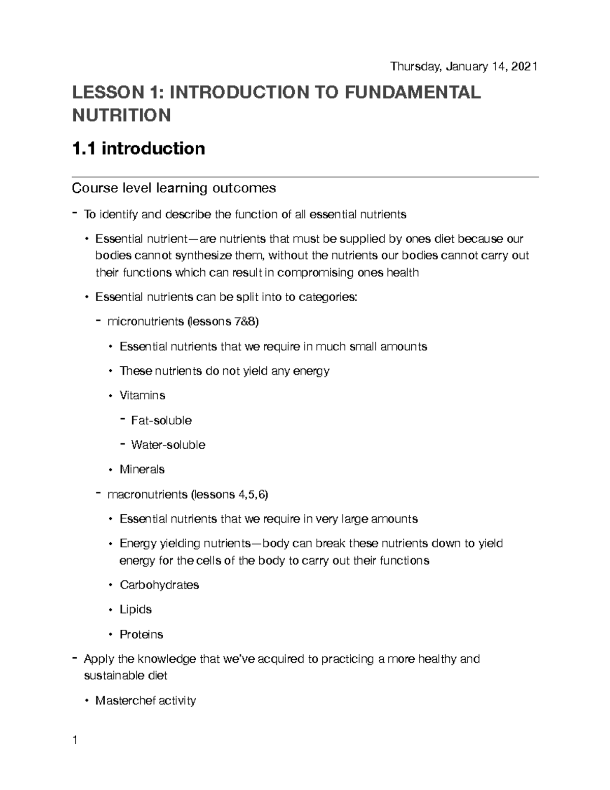 Lesson 1- Intro To Fundamental Nutrition - LESSON 1: INTRODUCTION TO ...