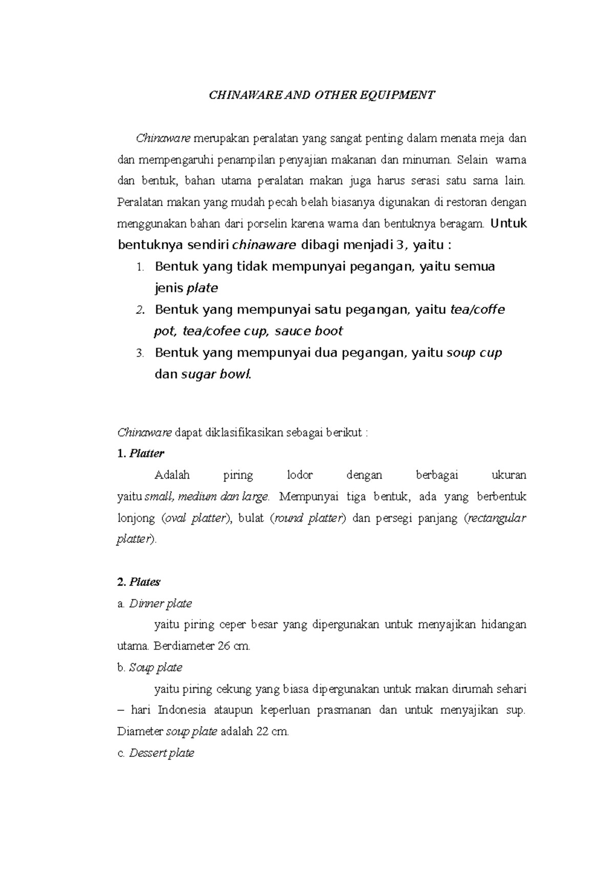 Chinaware and Other Equipment dalam Tata Hidang CHINAWARE AND OTHER