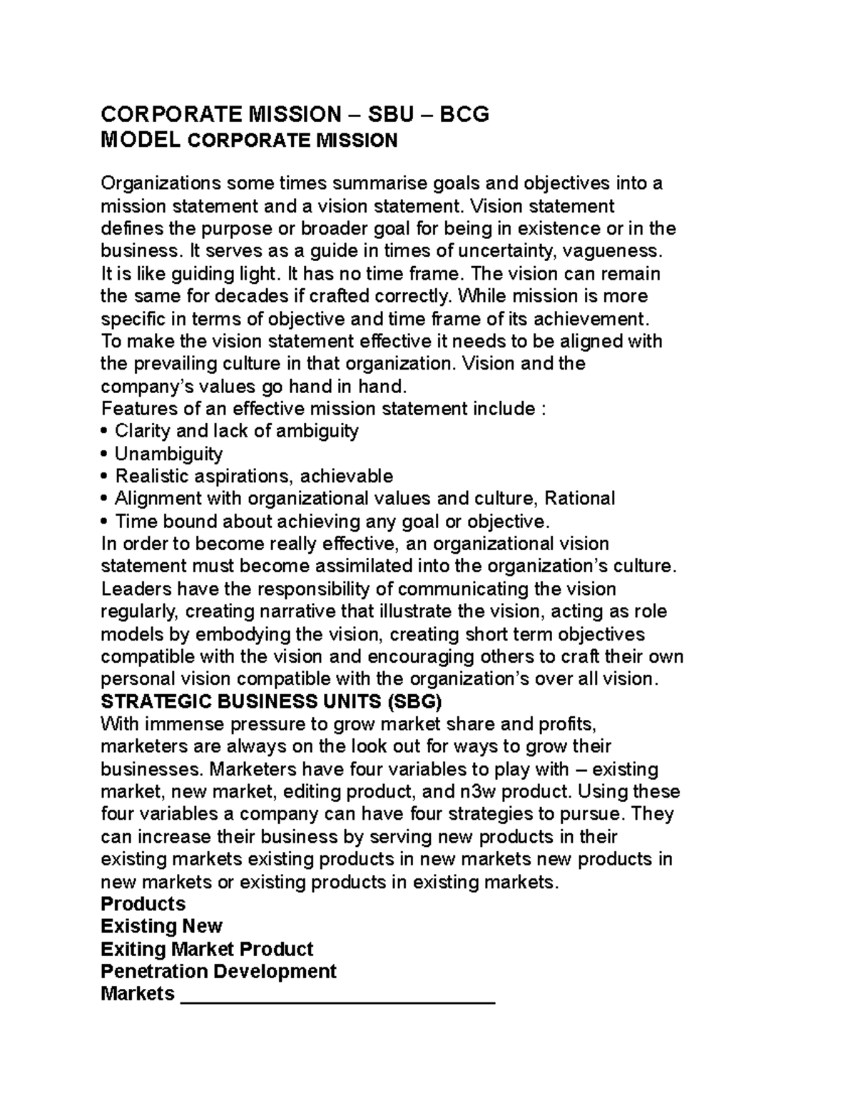 Corporate Mission - CORPORATE MISSION – SBU – BCG MODEL CORPORATE ...