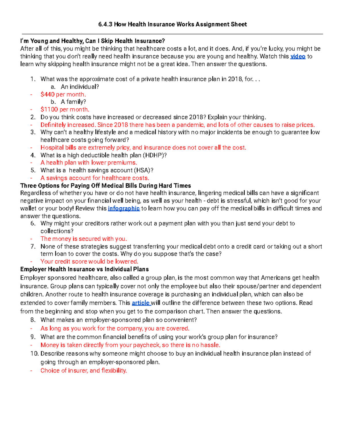 how health insurance works assignment sheet