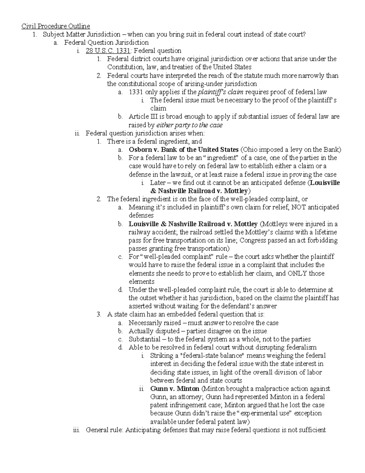 Final Civil Procedure Outline - Civil Procedure Outline 1. Subject ...