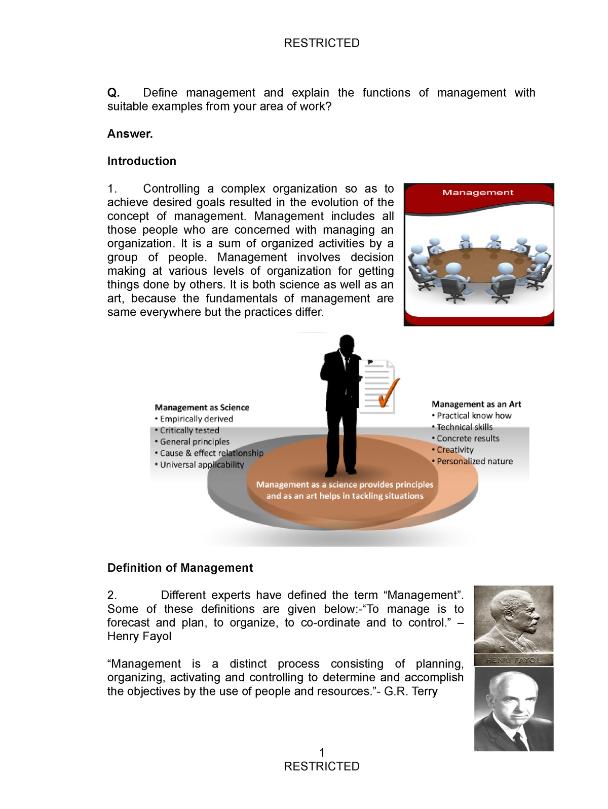 case study of functions of management