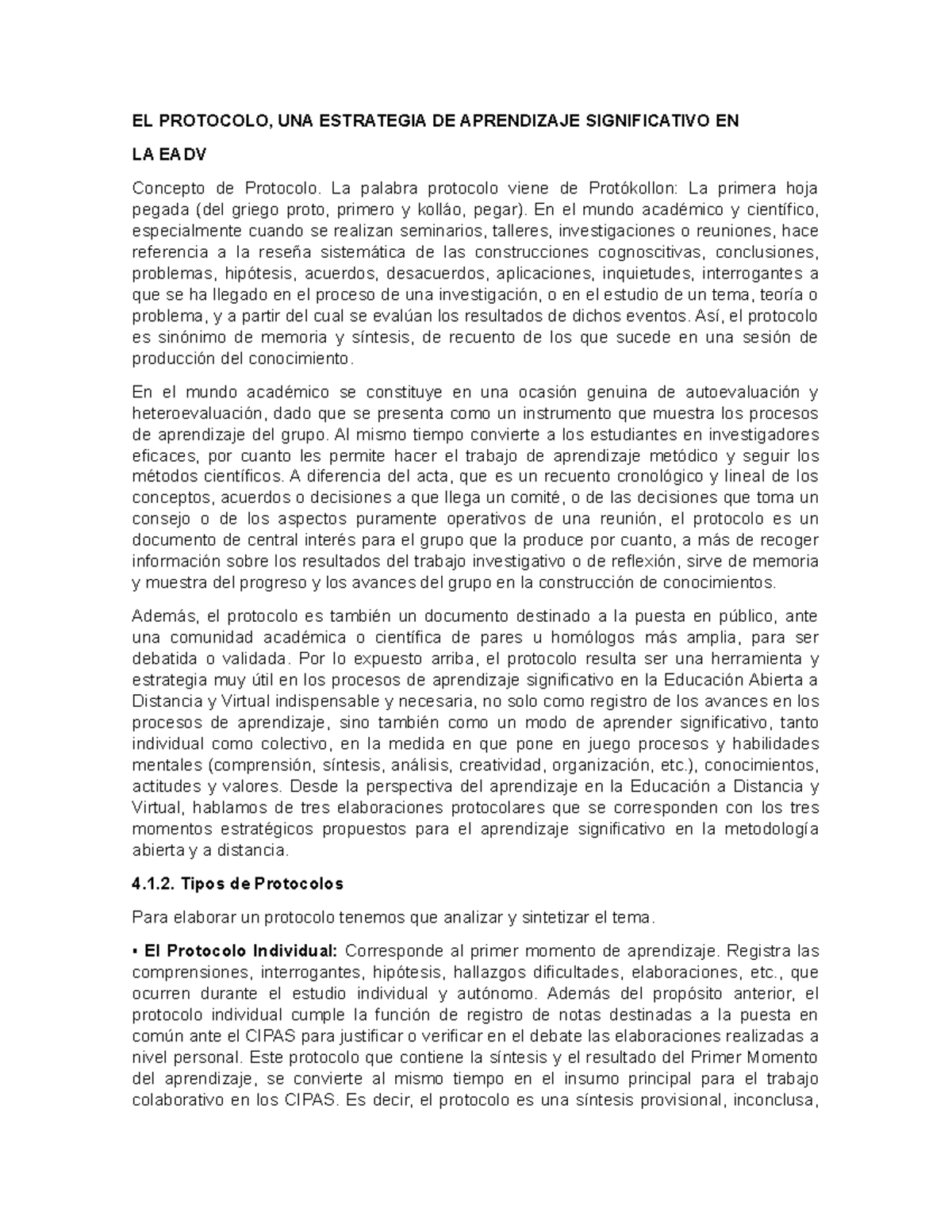 PROTOCOLO CONCEPTOS PROTOCO INDIVIDUAL PROTOCOLO GRUPAL PROTOCOLOSO ...