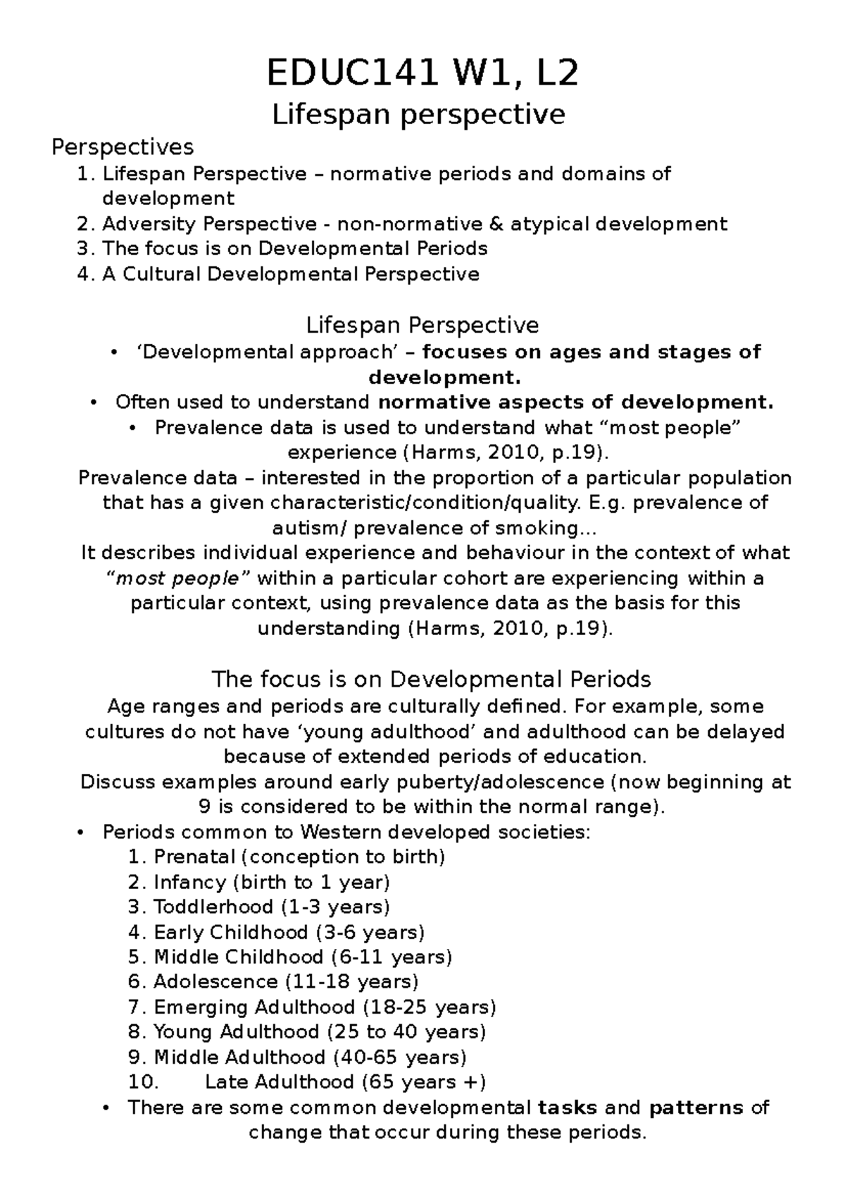 EDUC141 L2 - Lifespan Perspectives - EDUC141 W1, L Lifespan perspective ...