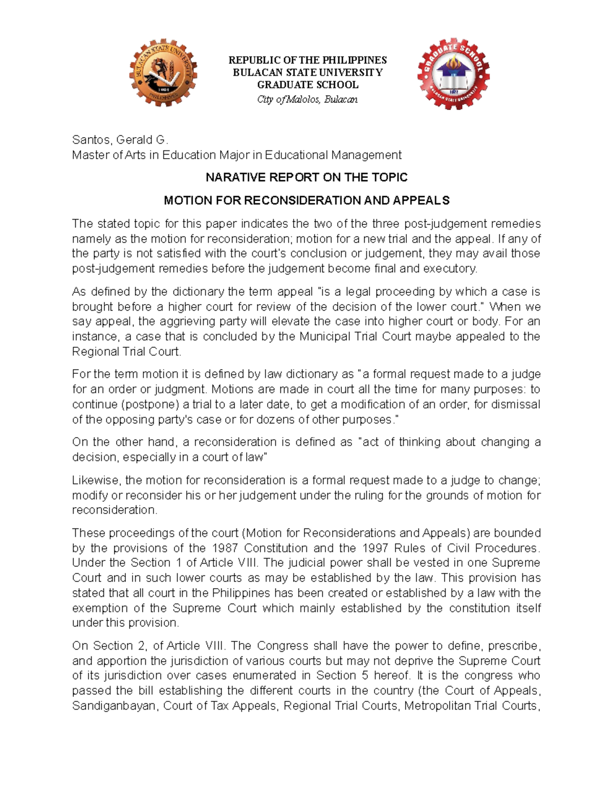 Narrative Report Motion for Reconsideration and Appeal REPUBLIC OF