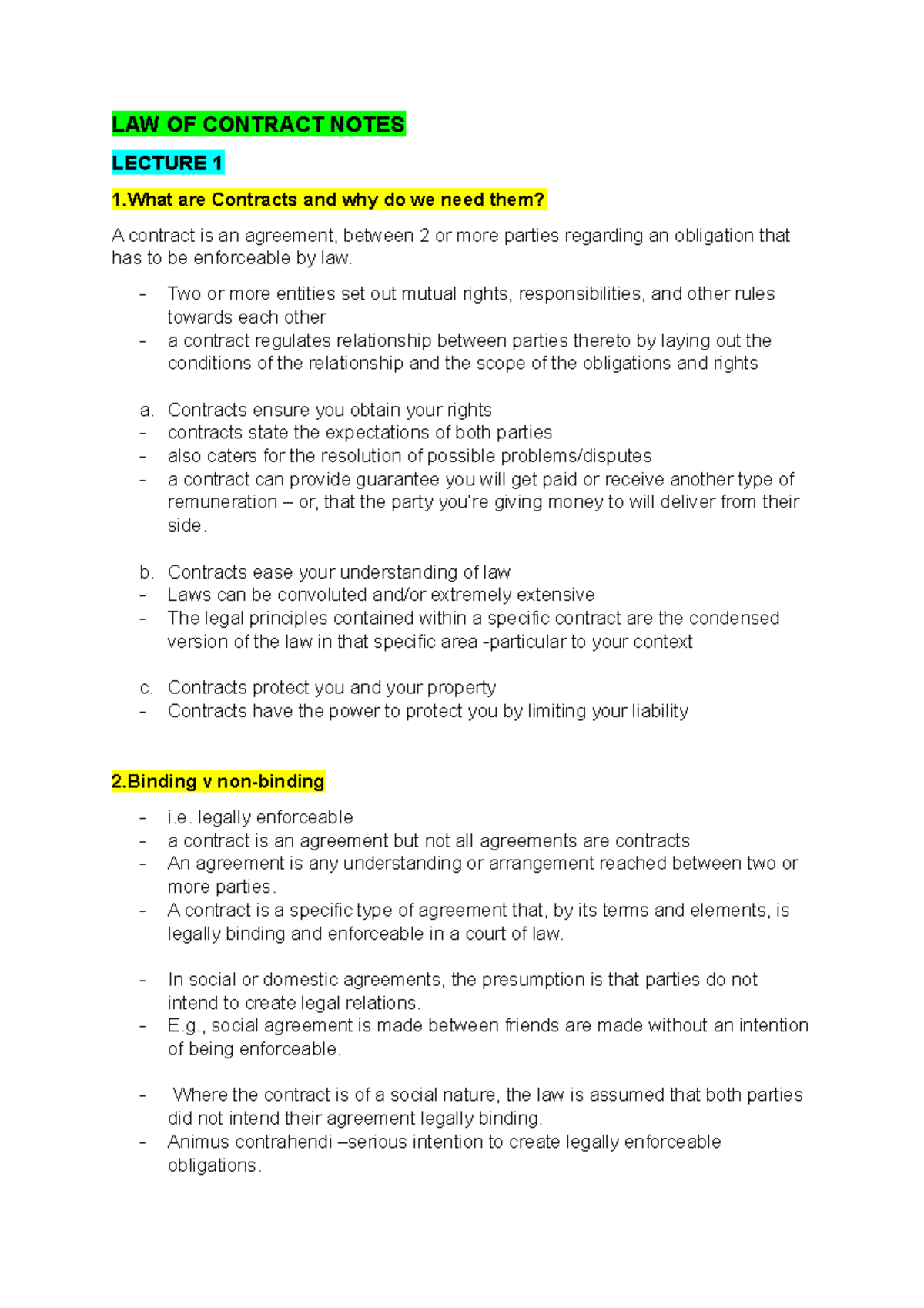 LAW OF Contract Notes LAW OF CONTRACT NOTES LECTURE 1 1 Are Contracts 