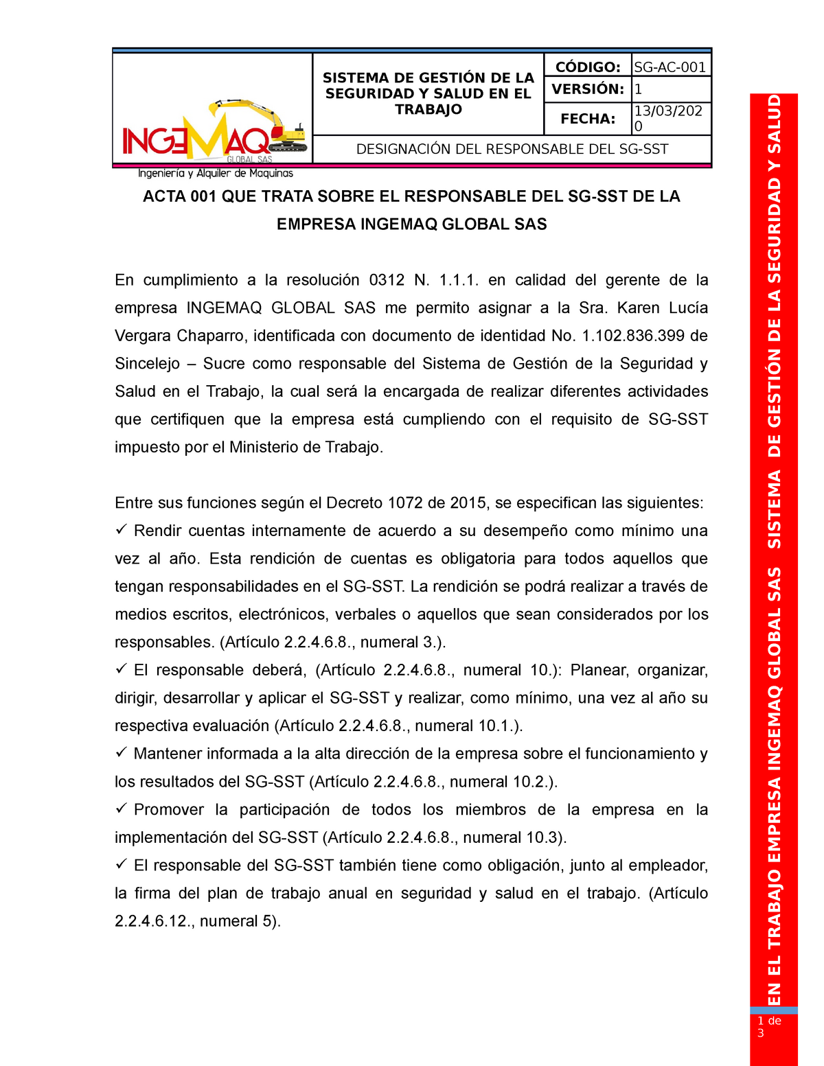 Acta 001 Responsable Del Sg Sst Sistema De GestiÓn De La Seguridad Y Salud En El Trabajo 1854