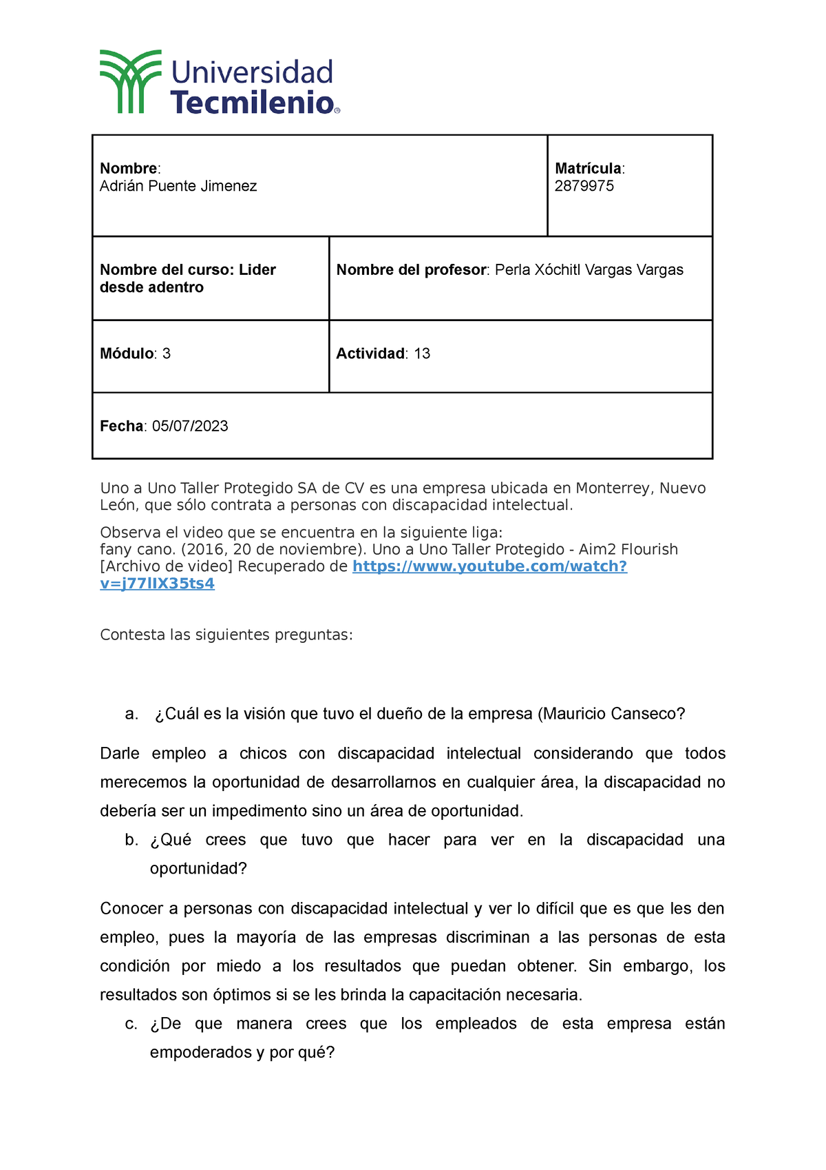 Actividad 13 El Lider Desde Adentro - Nombre: Adrián Puente Jimenez ...