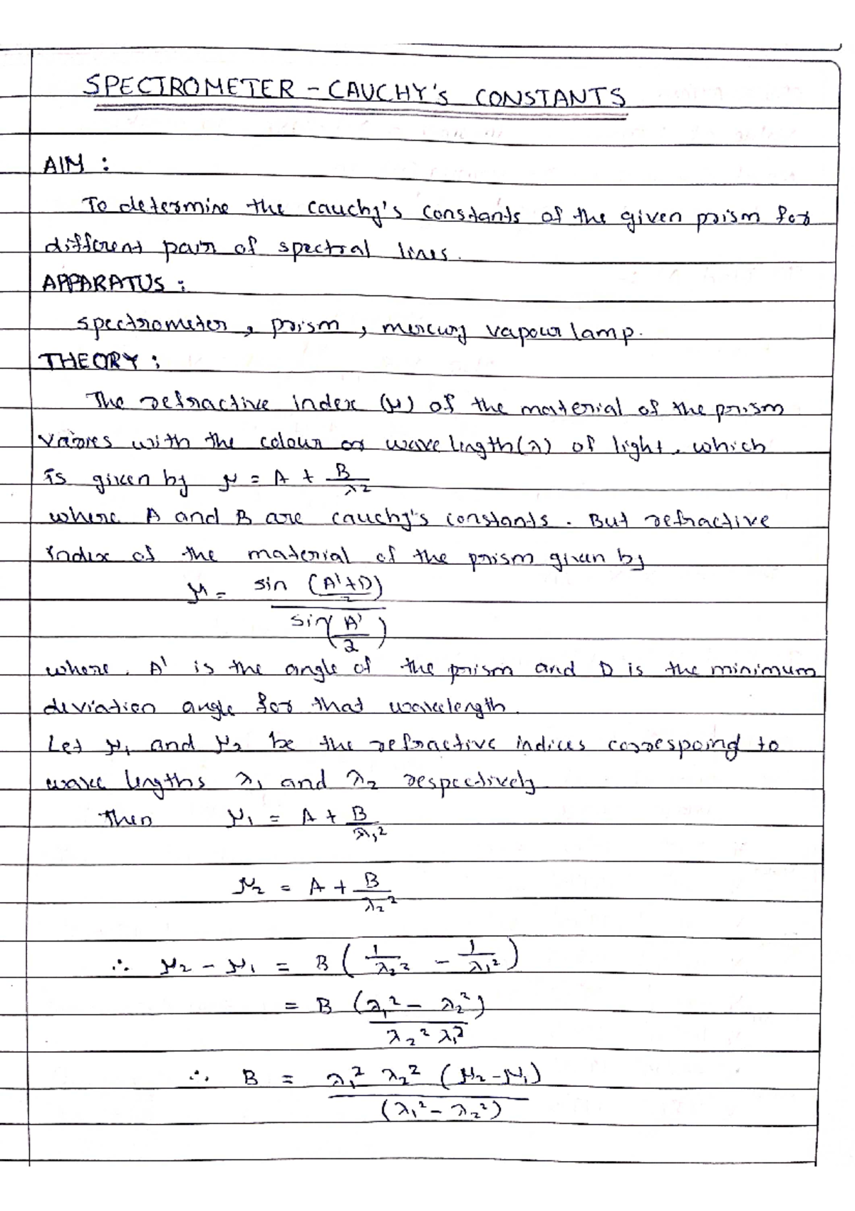 11 record of spectrometer to find cauchy's constants A and B