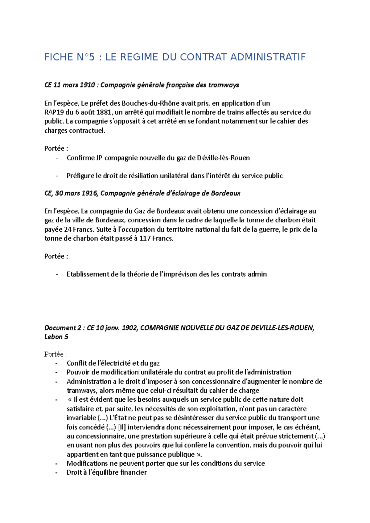 Arrêt Compagnie Nouvelle Du Gaz De Deville lès rouen TD 6 - droit admin - FICHE N°5 : LE REGIME DU CONTRAT ADMINISTRATIF CE 11  mars 1910 : Compagnie - Studocu