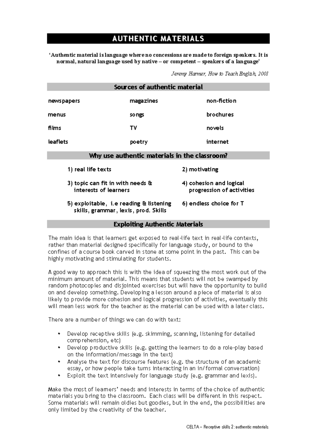 Authentic materials - Summary English education - CELTA – Receptive ...