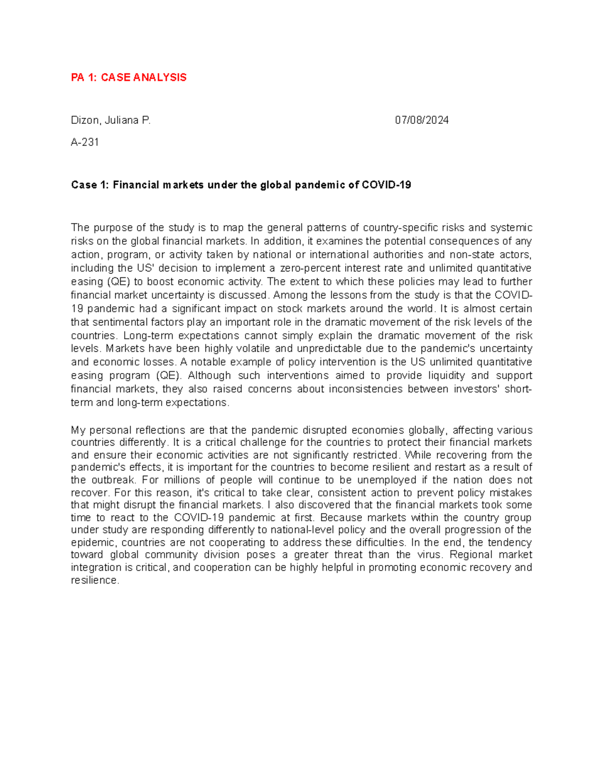CASE Analysis - PA 1: CASE ANALYSIS Dizon, Juliana P. 07/08/ A- Case 1 ...