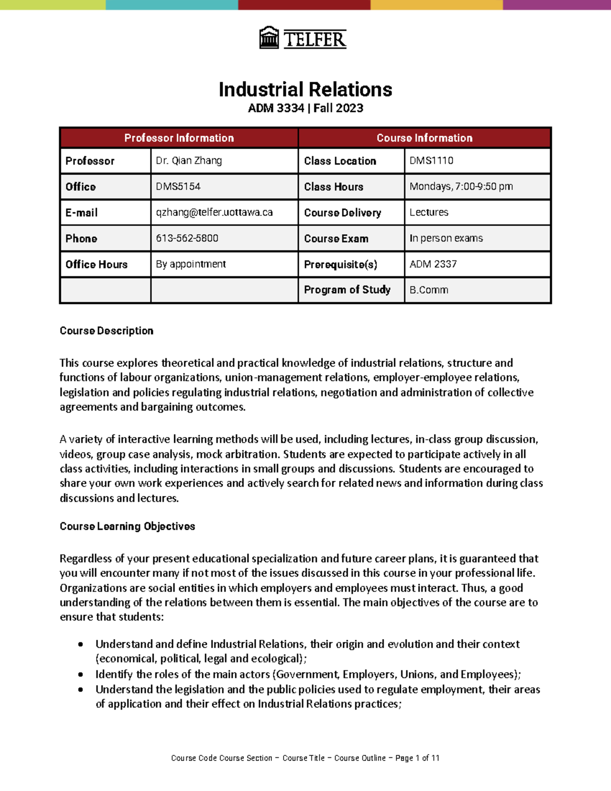 ADM3334 Fall 2023 Course Outline - Industrial Relations ADM 3334 | Fall ...