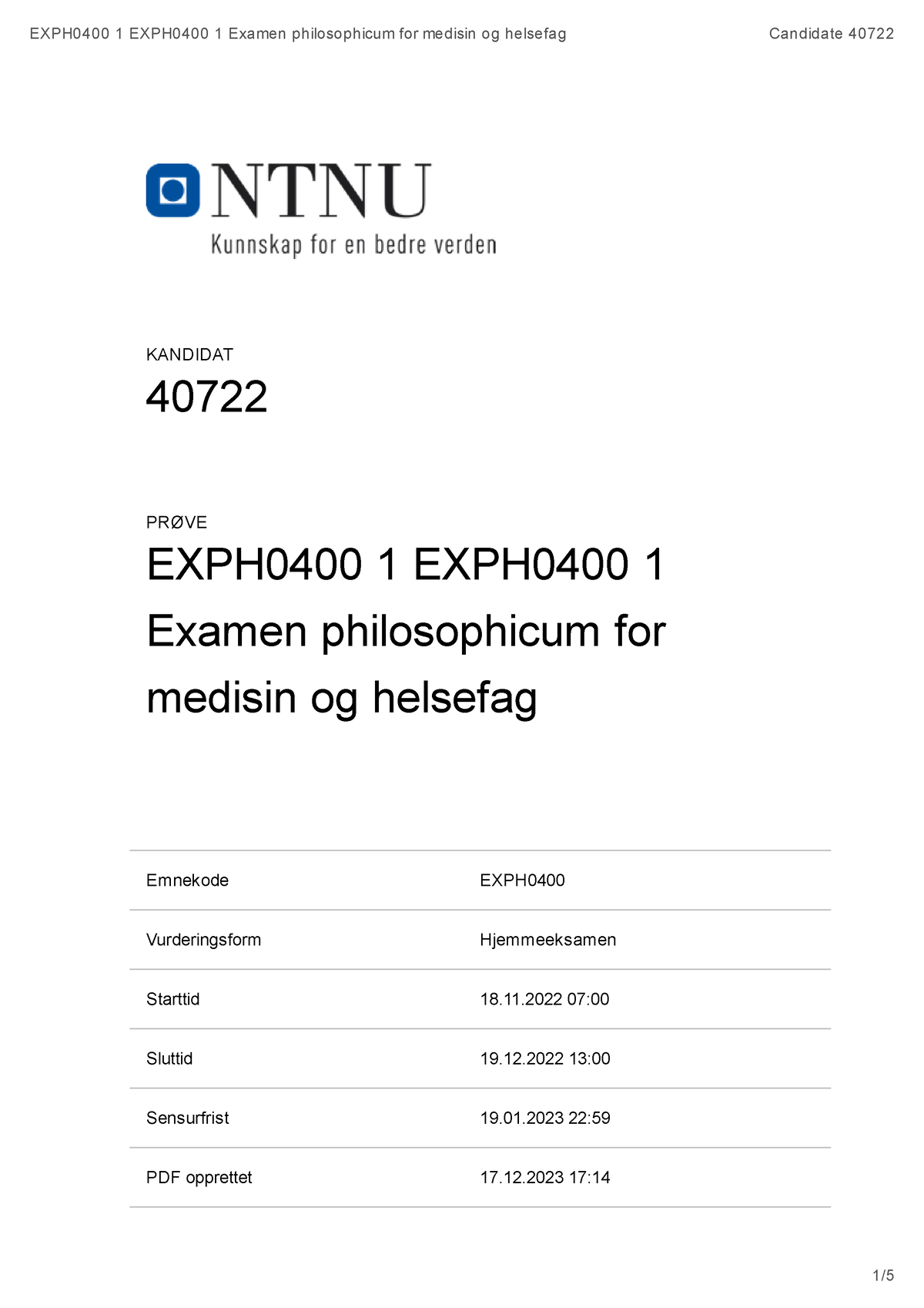 Exphil Eksamen For Medisin Og Helsefag Exph0400 1 Exph0400 1 Examen