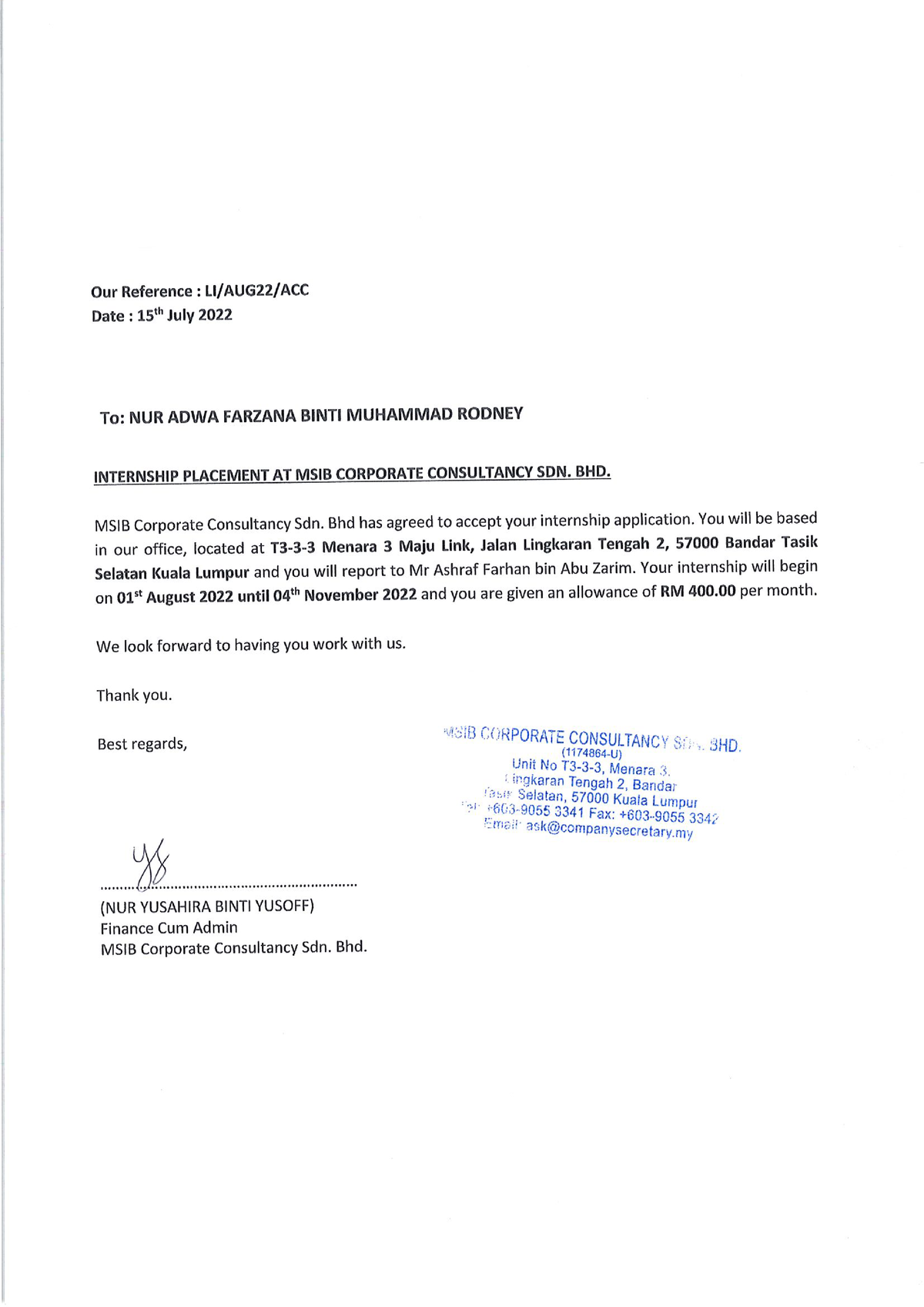 Offer Letter Intern (NUR ADWA Farzana Binti Muhammad Rodney ...