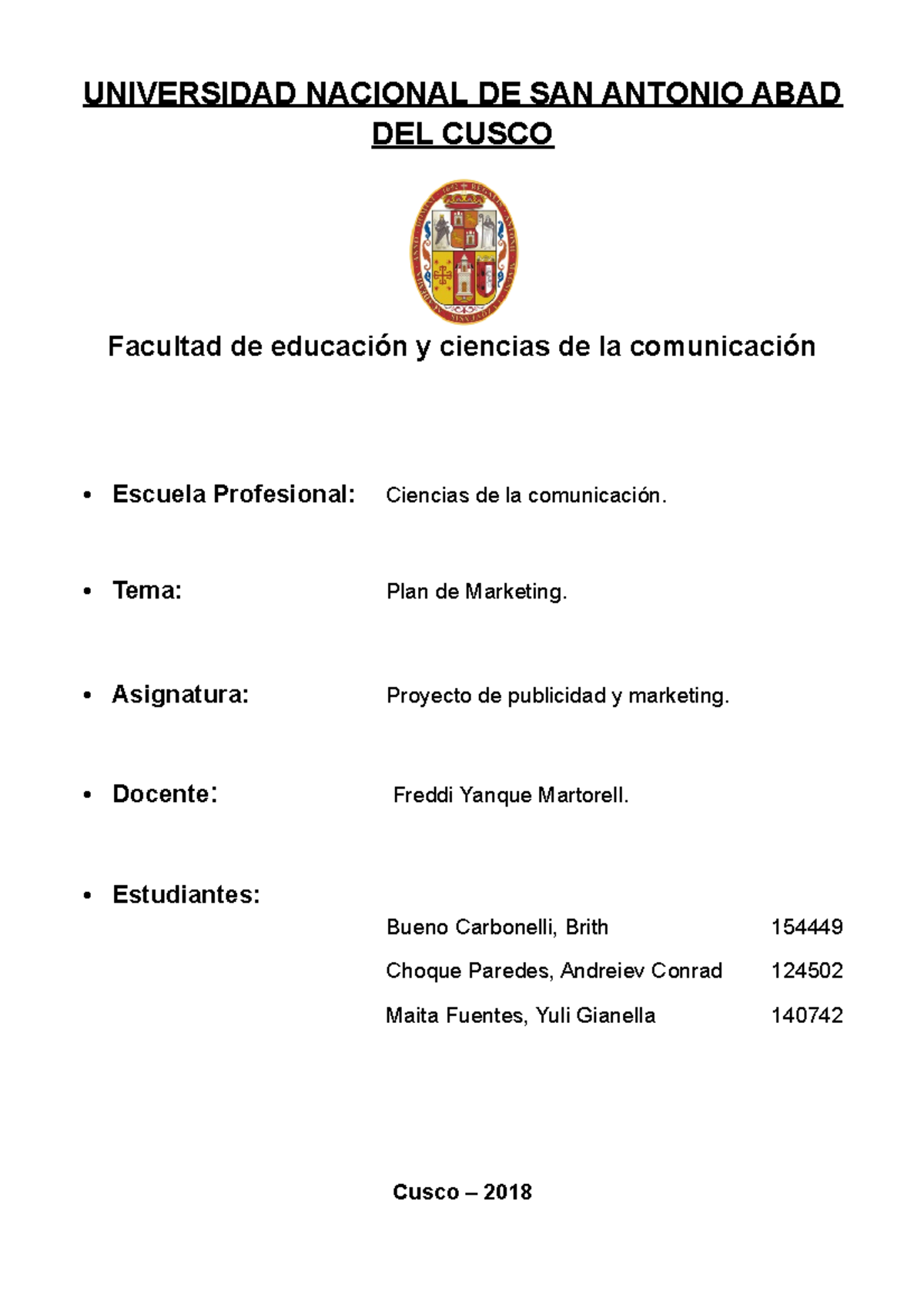 Plan De Marketing Comercial 2018 UNSAAC StuDocu