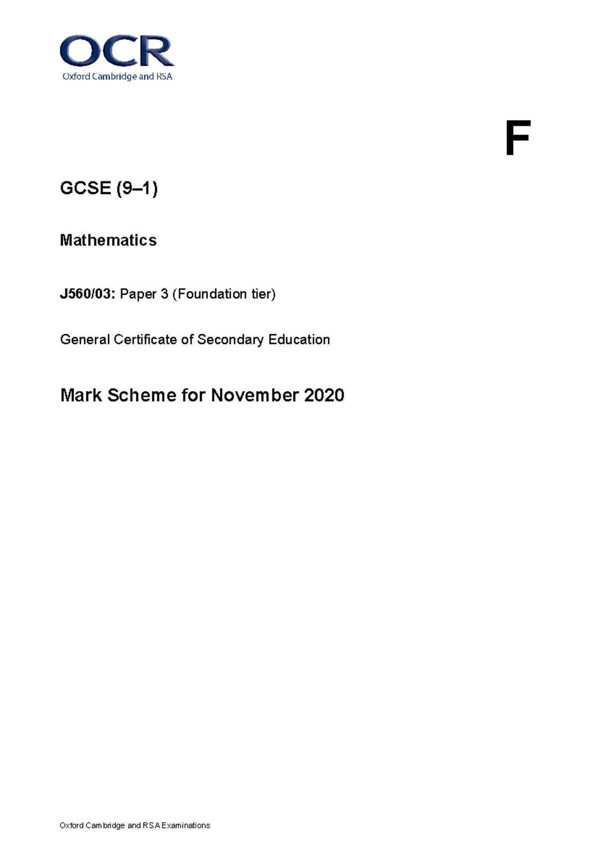 Maths Foundation Paper 3 MS Oxford Cambridge And RSA Examinations F