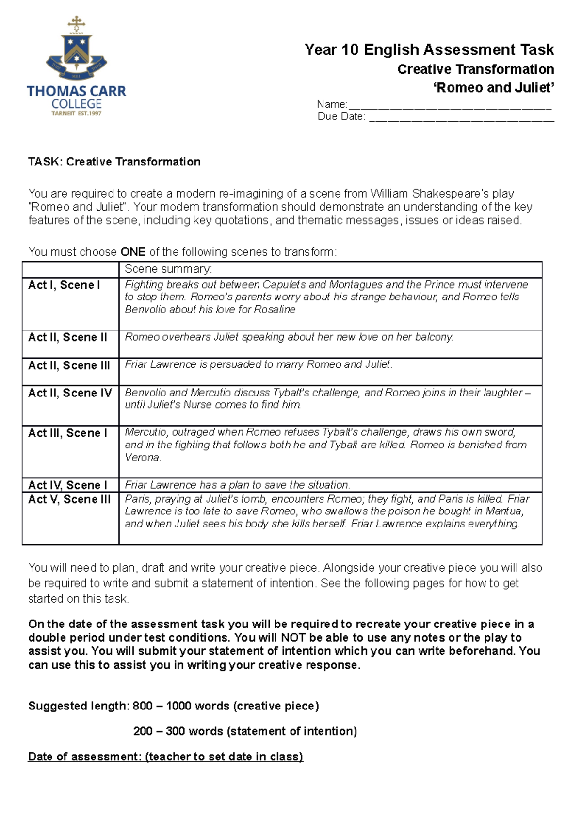 10 ENG Creative Assessment 2019 19967 - Year 10 English Assessment Task ...