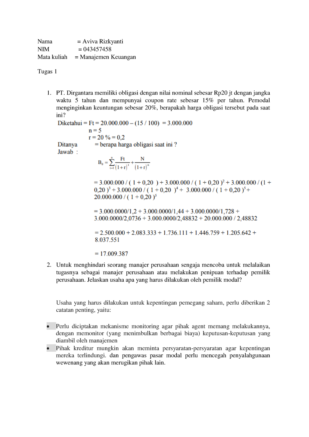 Tugas 1 Manajemen Keuangan-Aviva Rizkyanti - Nama = Aviva Rizkyanti NIM ...