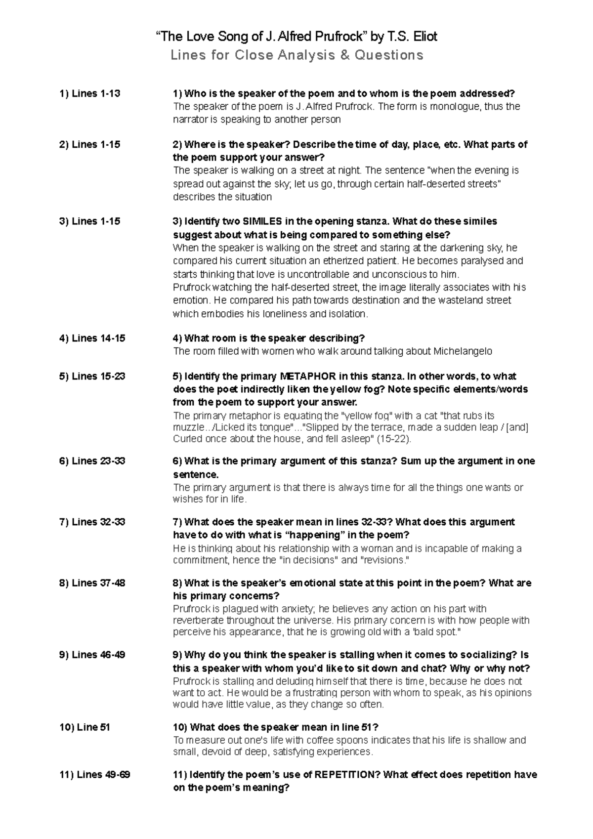 The Love Song of J Alfred Prufrock - questions - “The Love Song of With Prufrock Analysis Worksheet Answers