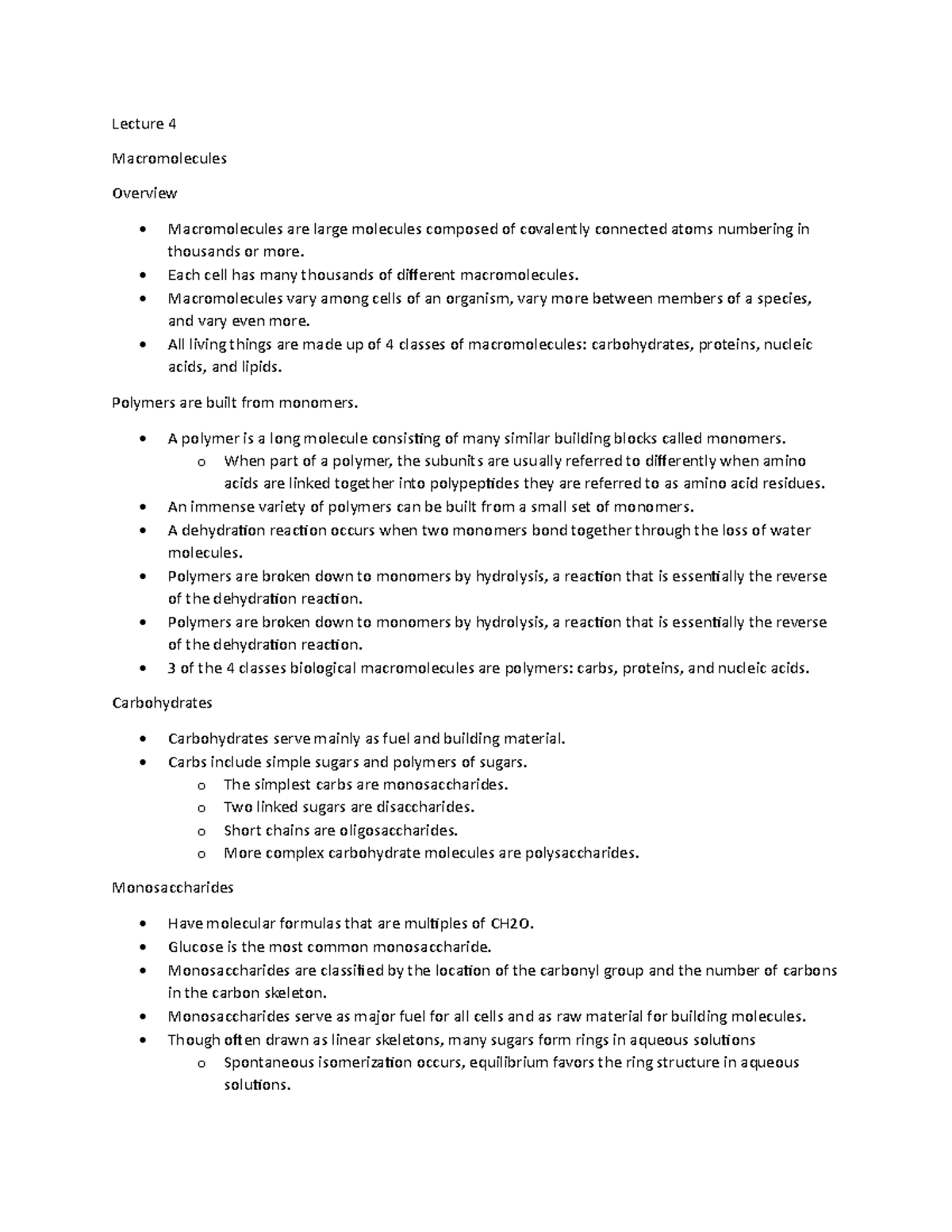 Lectre 4 - notes - Lecture 4 Macromolecules Overview Macromolecules are ...