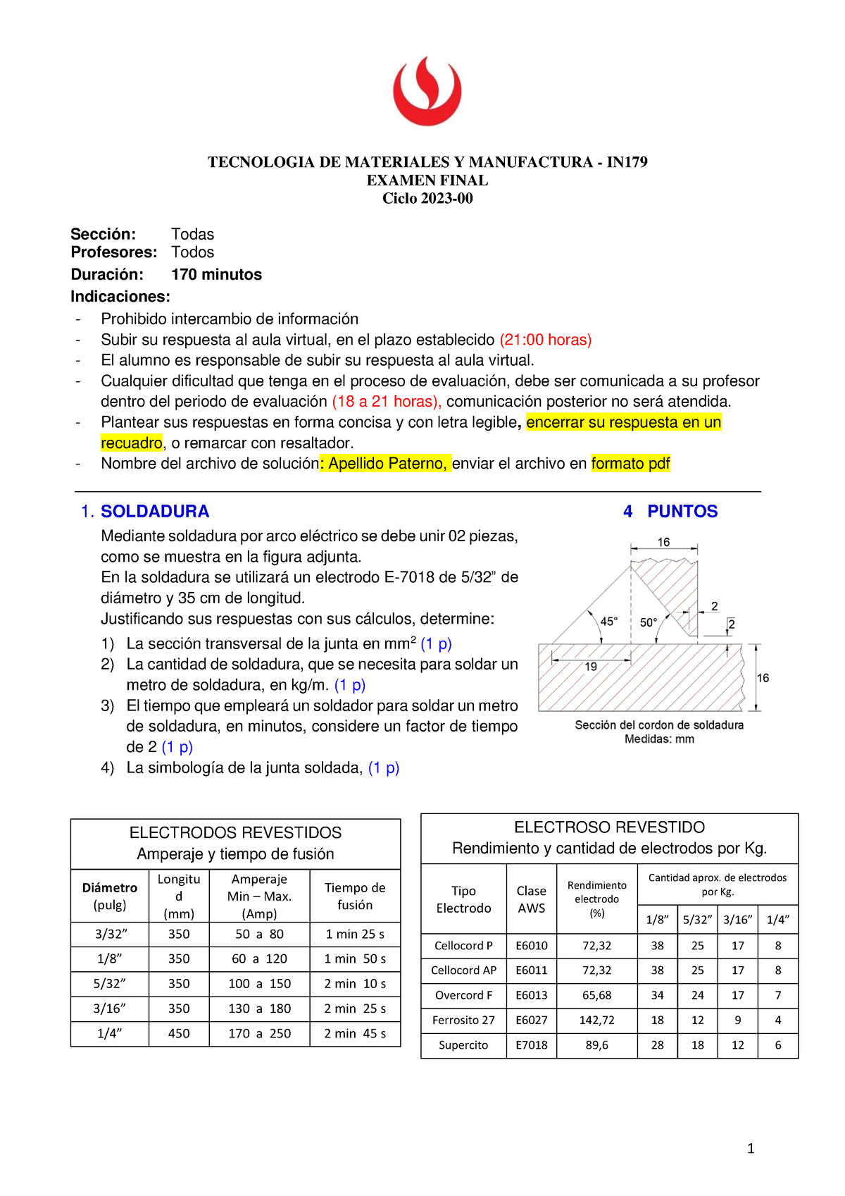 IN324-Examen Final-2023-00 - TECNOLOGIA DE MATERIALES Y MANUFACTURA ...