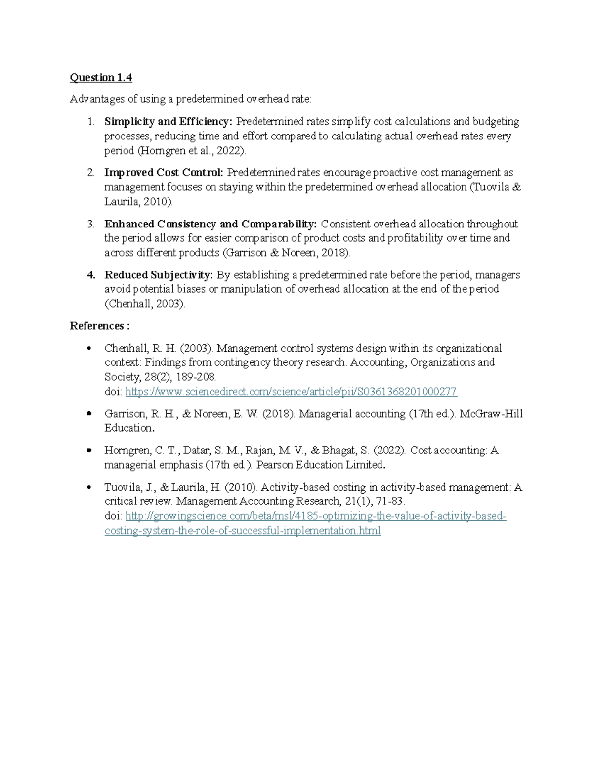 Costing -Assaignemnt References - Question 1. Advantages of using a ...