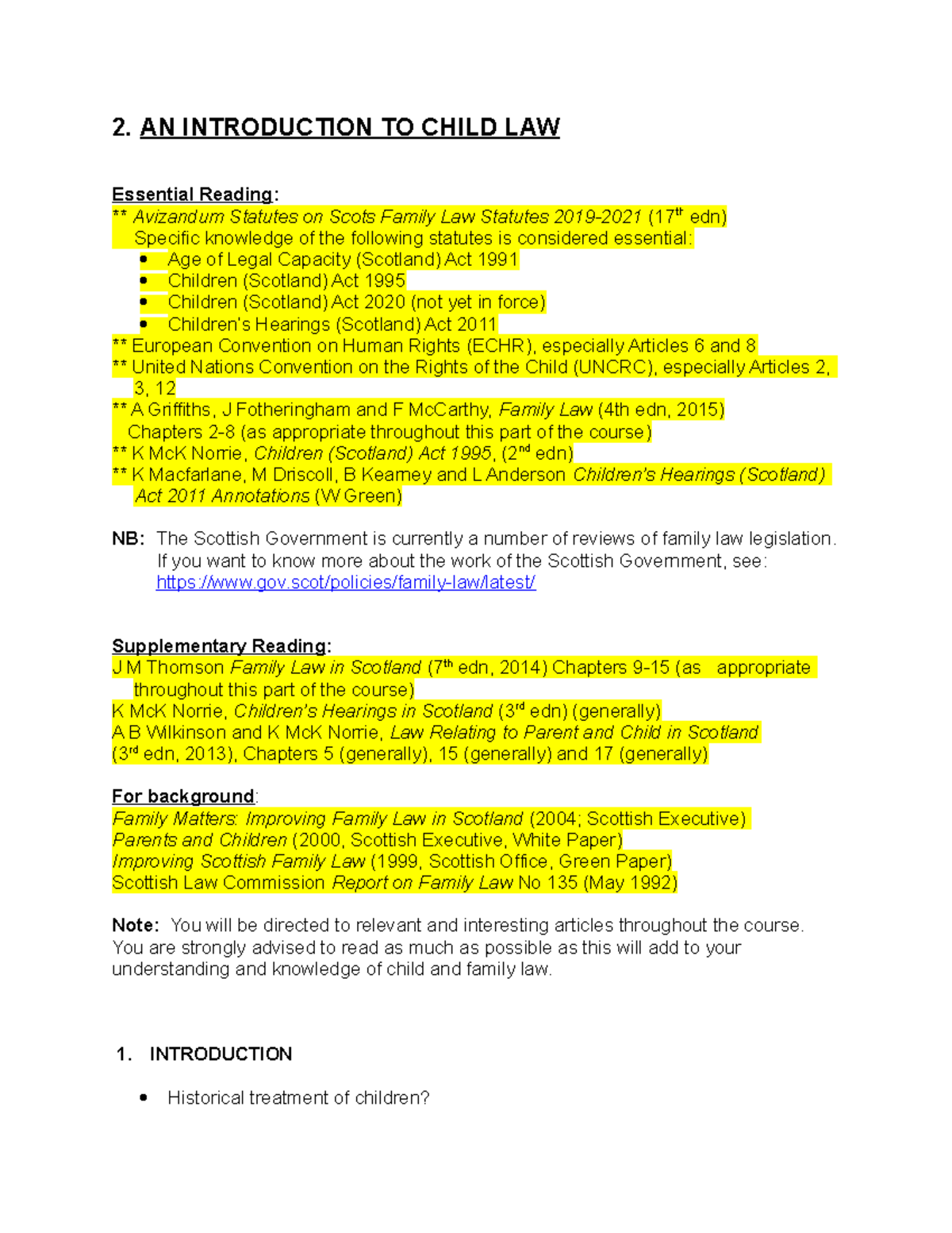 Lecture W2 Intro Child Law 2. AN INTRODUCTION TO CHILD LAW
