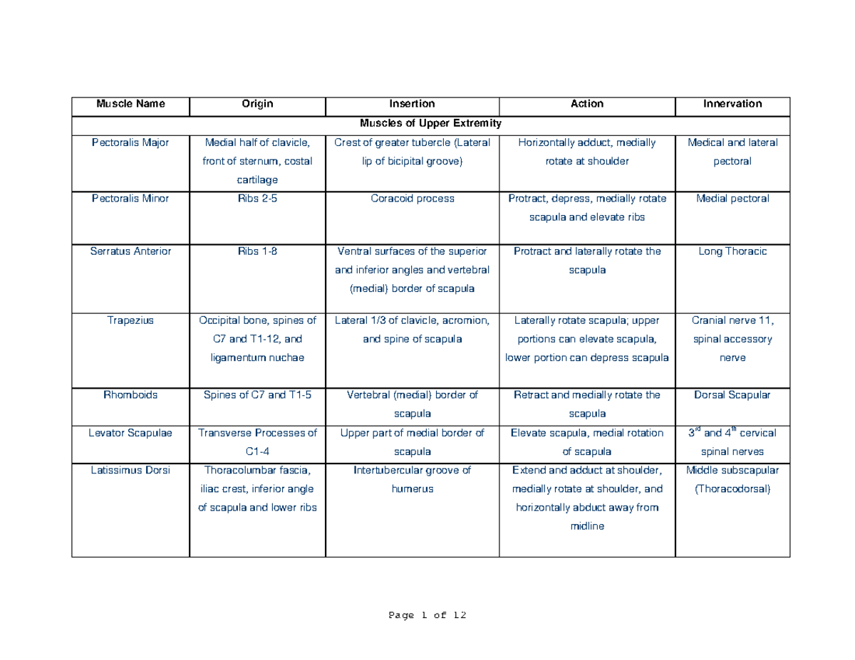 Origins And Insertions Muscle Name Origin Insertion Action