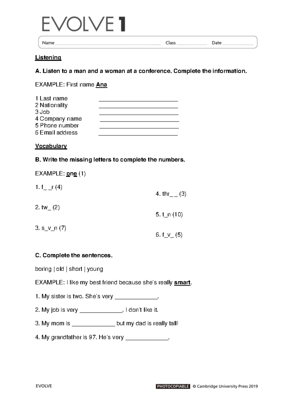 Evolve test without answers 1 - Listening A. Listen to a man and a ...