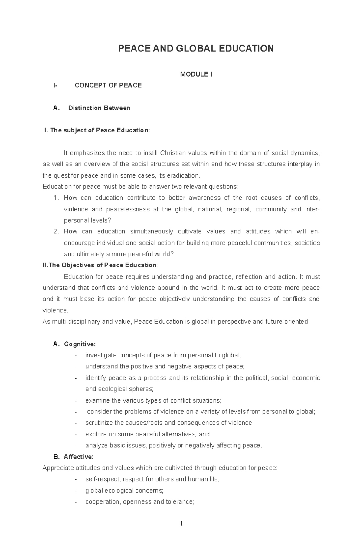 Peace and Global Education - PEACE AND GLOBAL EDUCATION MODULE I I ...